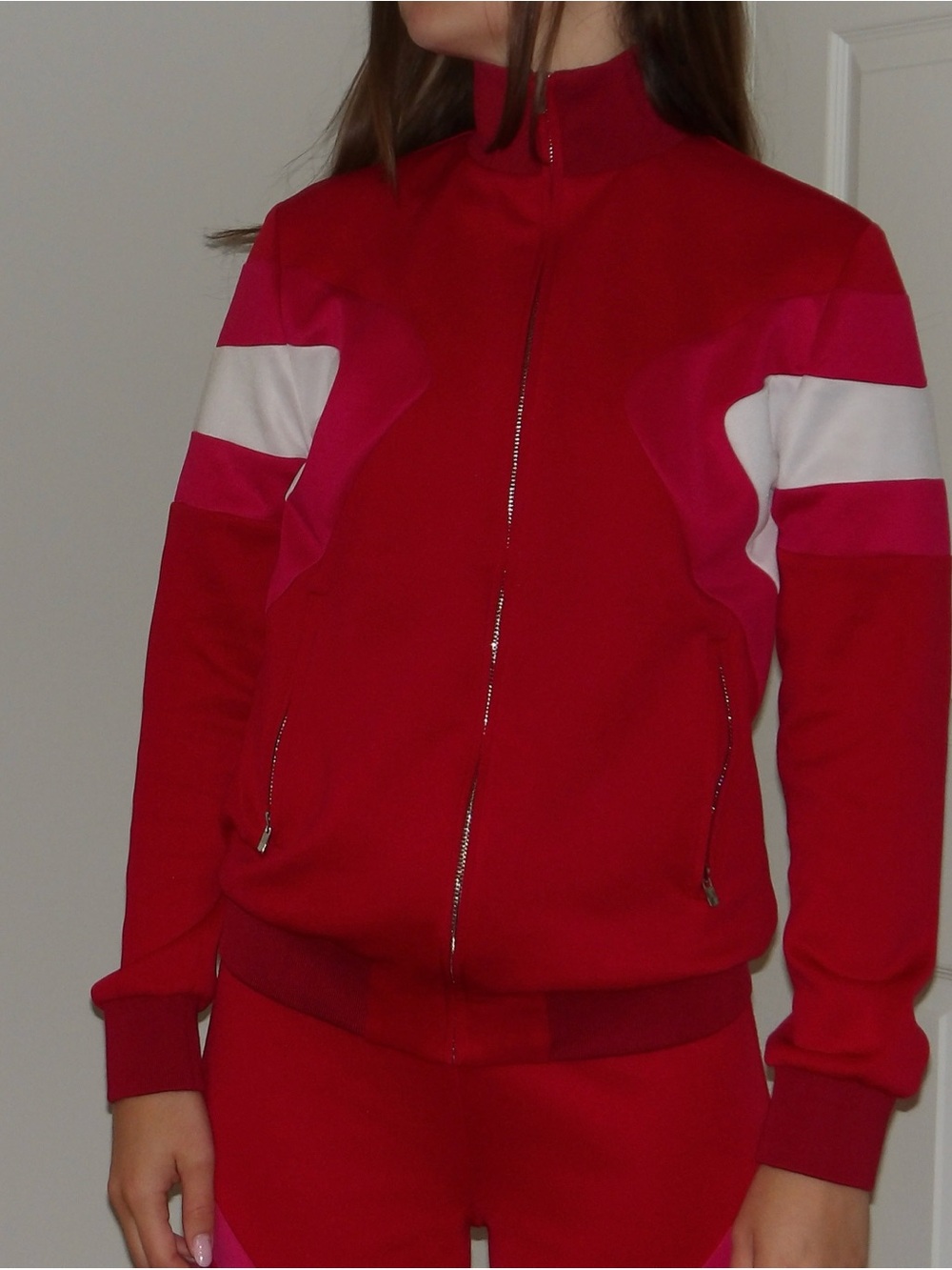Maje Red and Pink Zip-Front Track Jumpsuit - Picture 5 of 10
